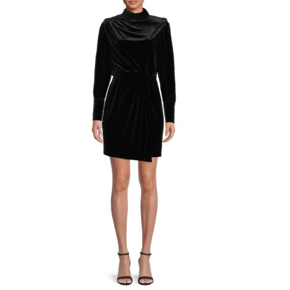 Karl Lagerfeld Paris Velvet Highneck Mini Dress Black Draped Front Size 10